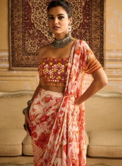 Mirror Embroidered Blouse And Orange Skirt Sari Set