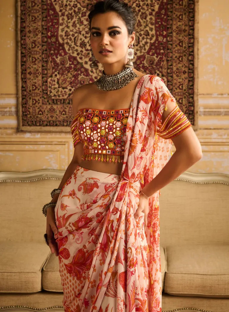 Mirror Embroidered Blouse And Orange Skirt Sari Set