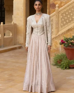 Mirror Embroidered Jacket With Tissue Skirt Set