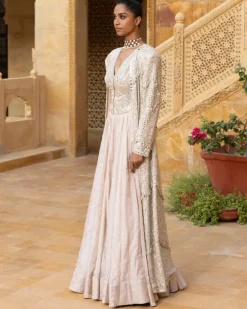 Mirror Embroidered Jacket With Tissue Skirt Set