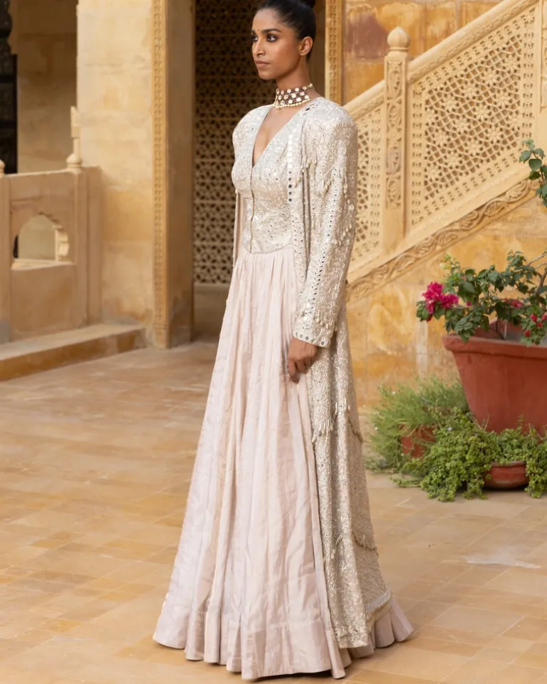 Mirror Embroidered Jacket With Tissue Skirt Set