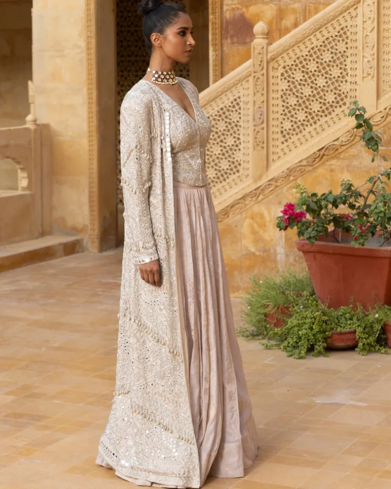 Mirror Embroidered Jacket With Tissue Skirt Set