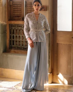 Misty Blue Jacket And Drape Pant Set