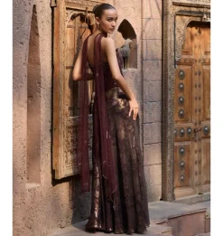 Mocha Mirage Corset & Drape Skirt Set with Dupatta