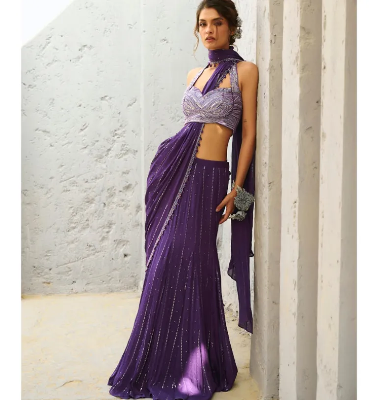 Moon Purple Pre-Drape Sari Set
