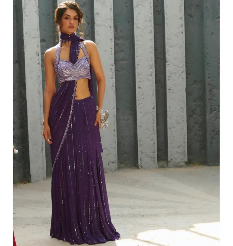 Moon Purple Pre-Drape Sari Set