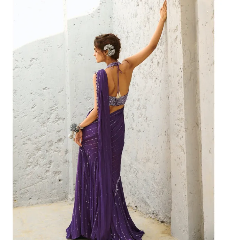 Moon Purple Pre-Drape Sari Set