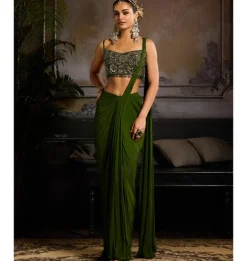 Moss Glow Pre-Draped Sari Set
