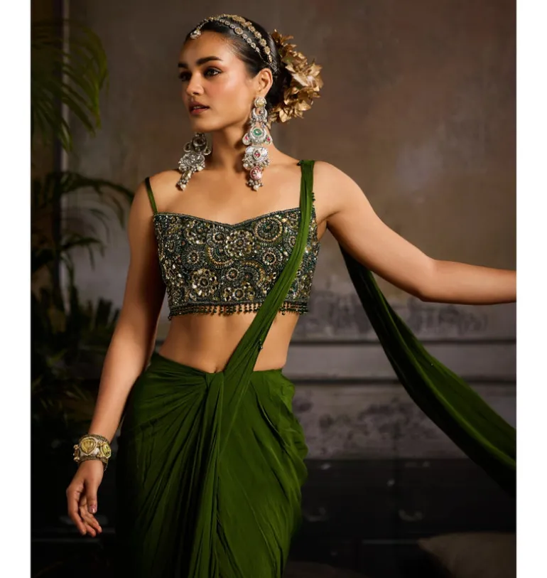 Moss Glow Pre-Draped Sari Set