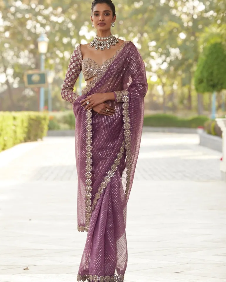 Mud Mauve Hand Embroidered Organza Sari Set