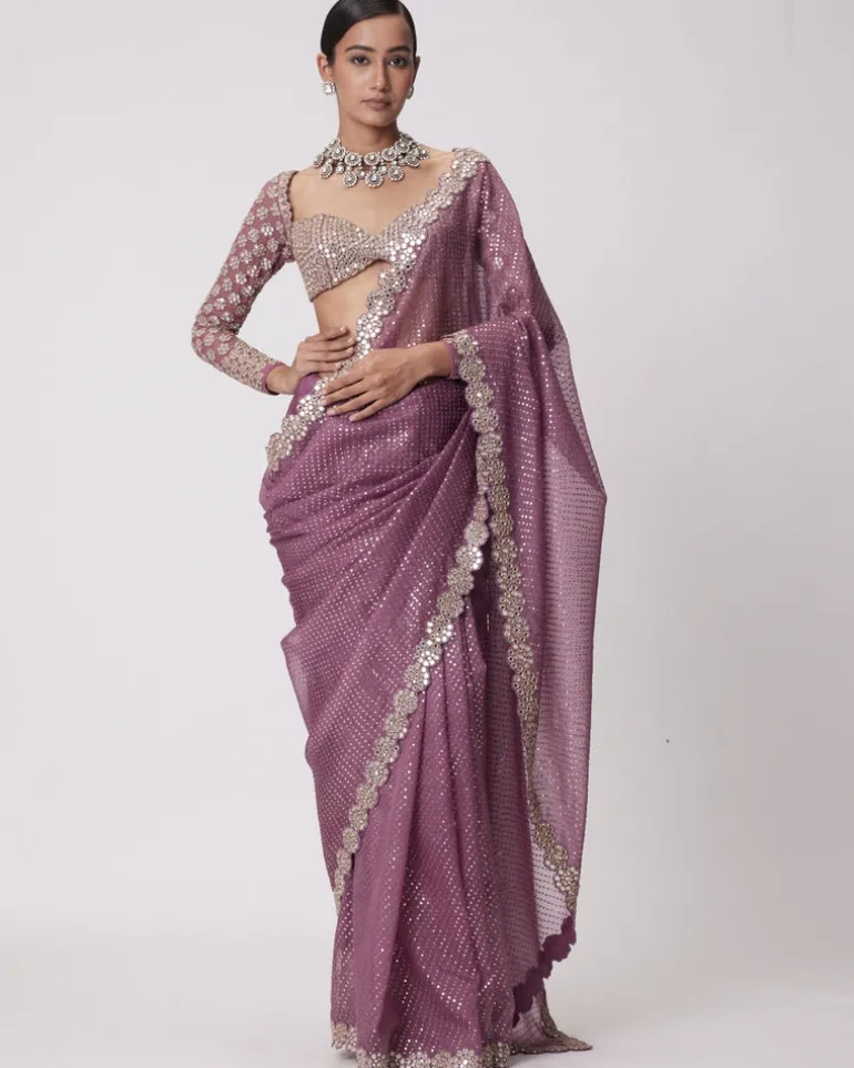 Mud Mauve Hand Embroidered Organza Sari Set
