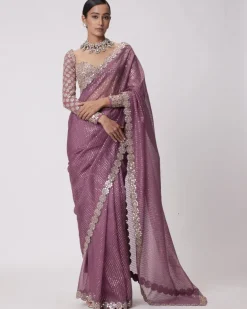 Mud Mauve Hand Embroidered Organza Sari Set
