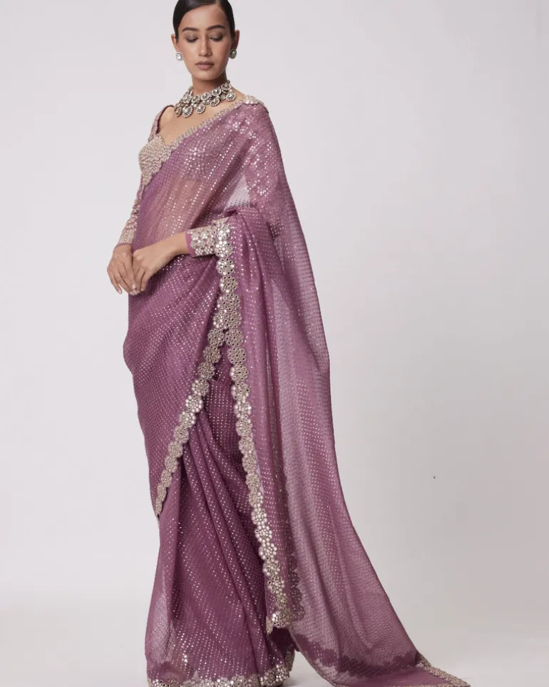 Mud Mauve Hand Embroidered Organza Sari Set