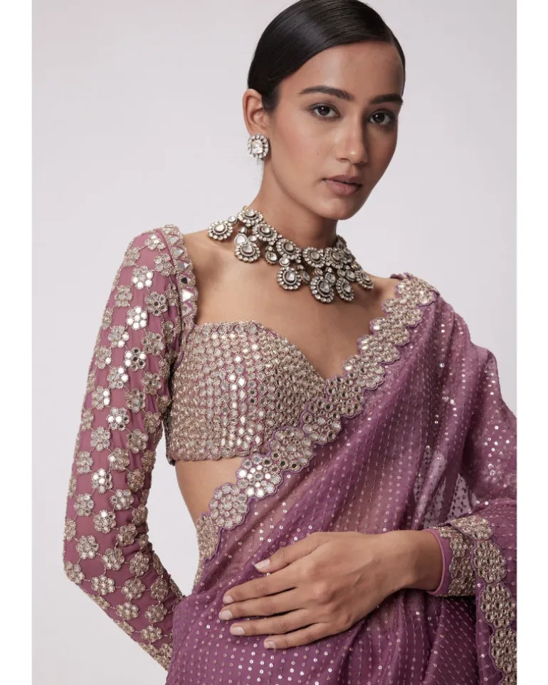 Mud Mauve Hand Embroidered Organza Sari Set