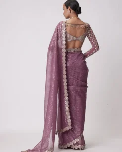 Mud Mauve Hand Embroidered Organza Sari Set