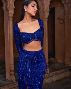 Mulan Electric Blue Embroidered Crop Top Skirt Set