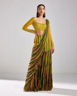 Multicolor Printed & Embroidered Pant Sari Set
