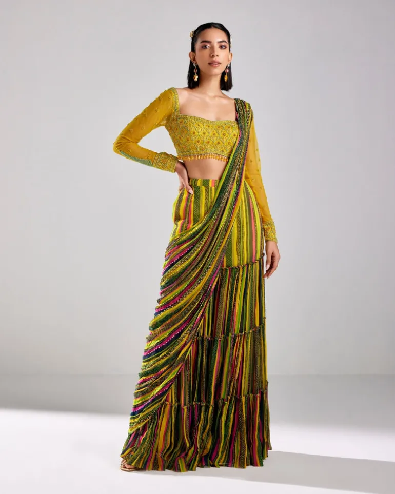 Multicolor Printed & Embroidered Pant Sari Set