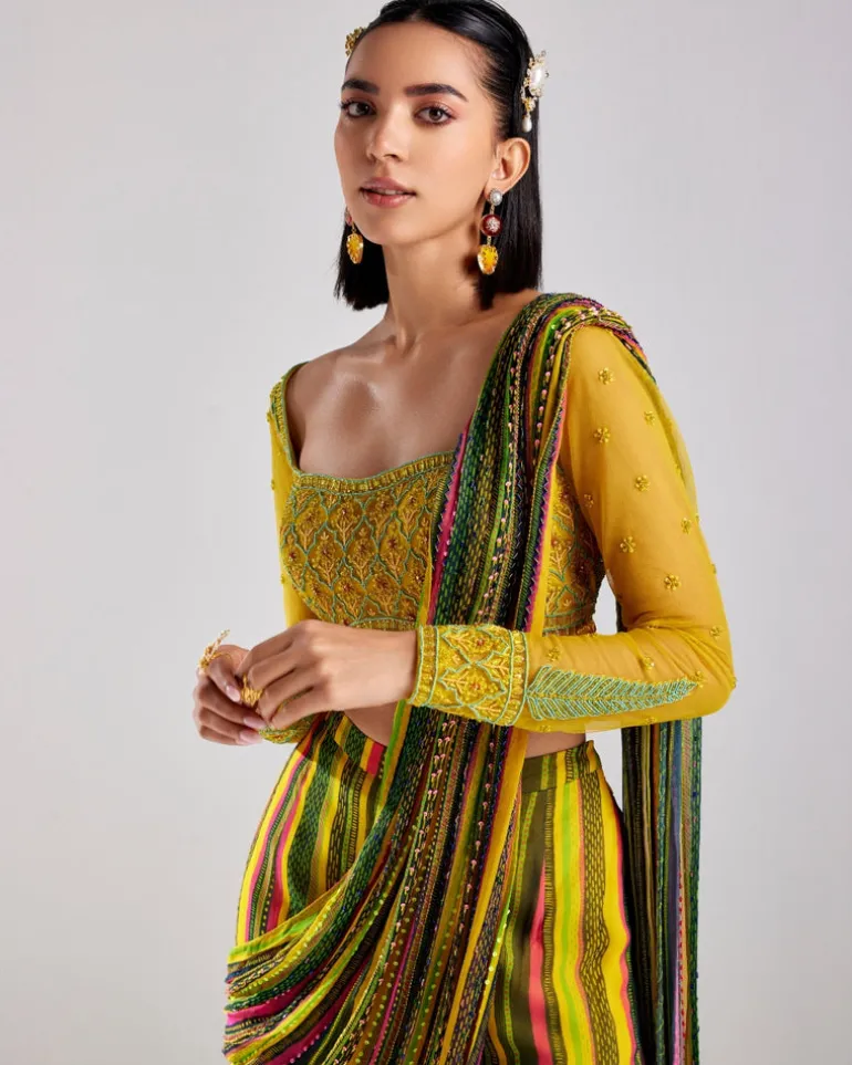 Multicolor Printed & Embroidered Pant Sari Set