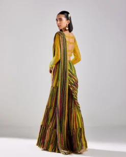 Multicolor Printed & Embroidered Pant Sari Set