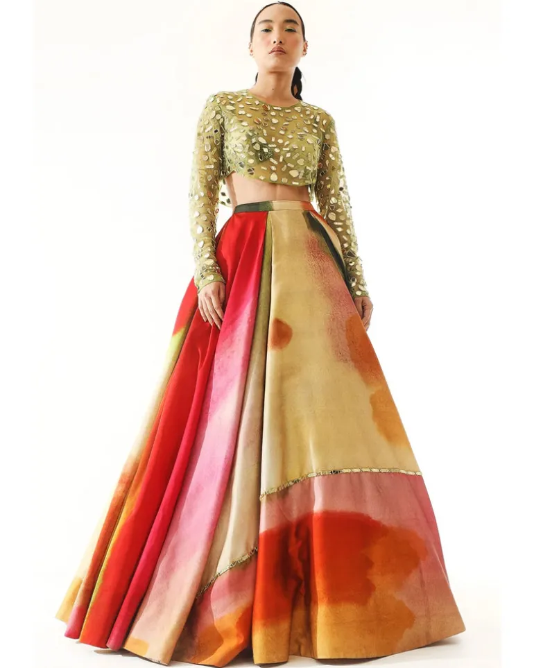 Multi-Colored Satin Organza Printed Lehenga Set