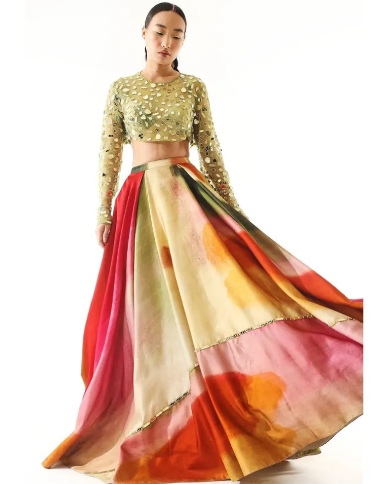 Multi-Colored Satin Organza Printed Lehenga Set