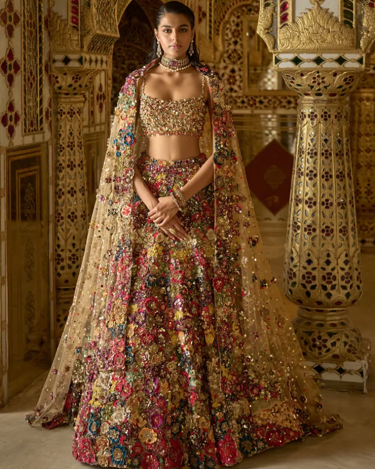 Multi-Coloured Three-Dimensional Floral Lehenga Set