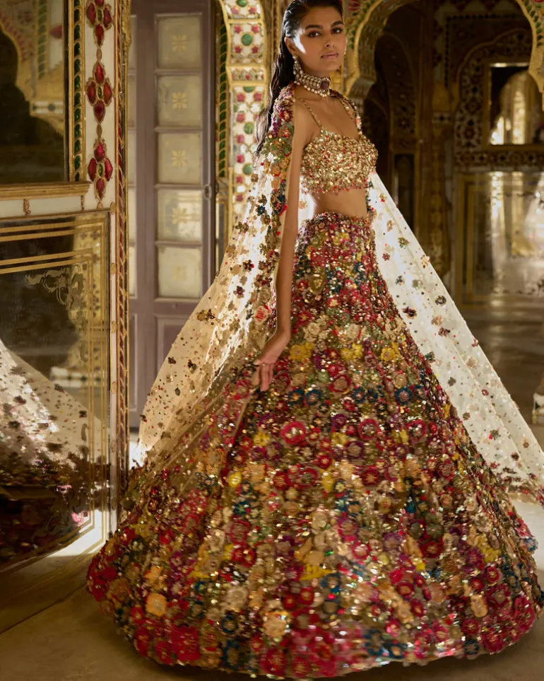 Multi-Coloured Three-Dimensional Floral Lehenga Set