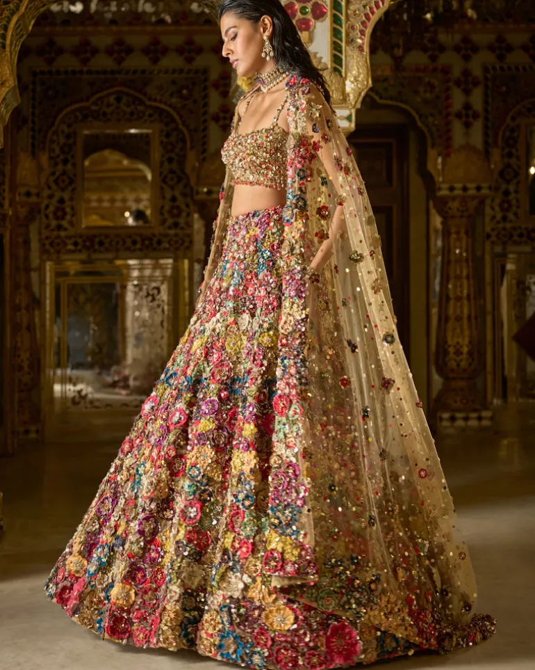 Multi-Coloured Three-Dimensional Floral Lehenga Set