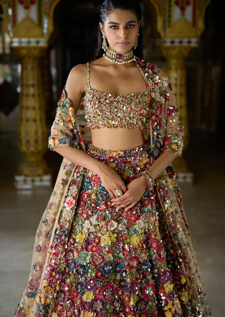 Multi-Coloured Three-Dimensional Floral Lehenga Set