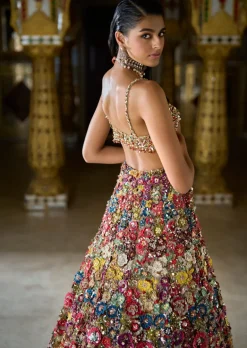 Multi-Coloured Three-Dimensional Floral Lehenga Set