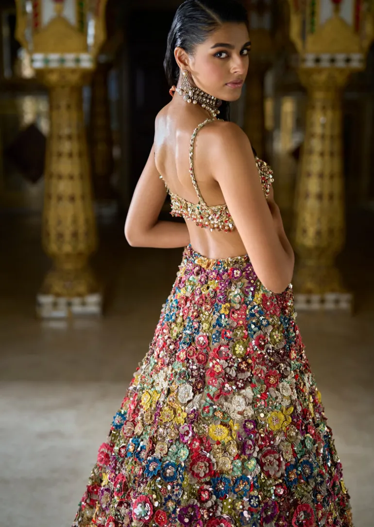 Multi-Coloured Three-Dimensional Floral Lehenga Set