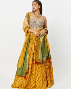 Mustard Bandhani Embroidered Bustier & Gathering Skirt Set