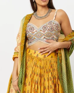 Mustard Bandhani Embroidered Bustier & Gathering Skirt Set