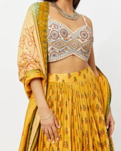 Mustard Bandhani Embroidered Bustier & Gathering Skirt Set