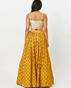 Mustard Bandhani Embroidered Bustier & Gathering Skirt Set