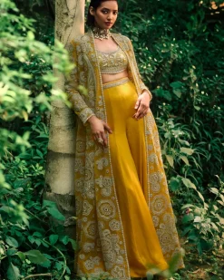 Mustard Embroidered Jacket And Pants Set