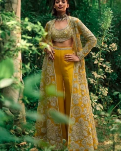 Mustard Embroidered Jacket And Pants Set