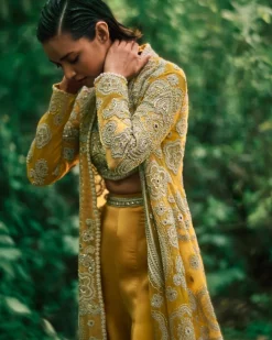 Mustard Embroidered Jacket And Pants Set