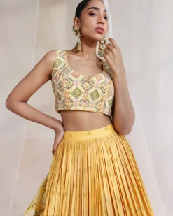 Mustard Embroidered Lehenga With Printed Dupatta Set