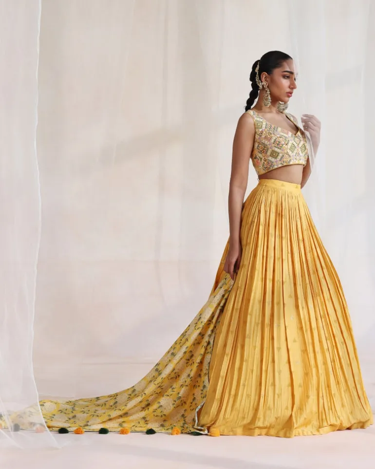 Mustard Embroidered Lehenga With Printed Dupatta Set