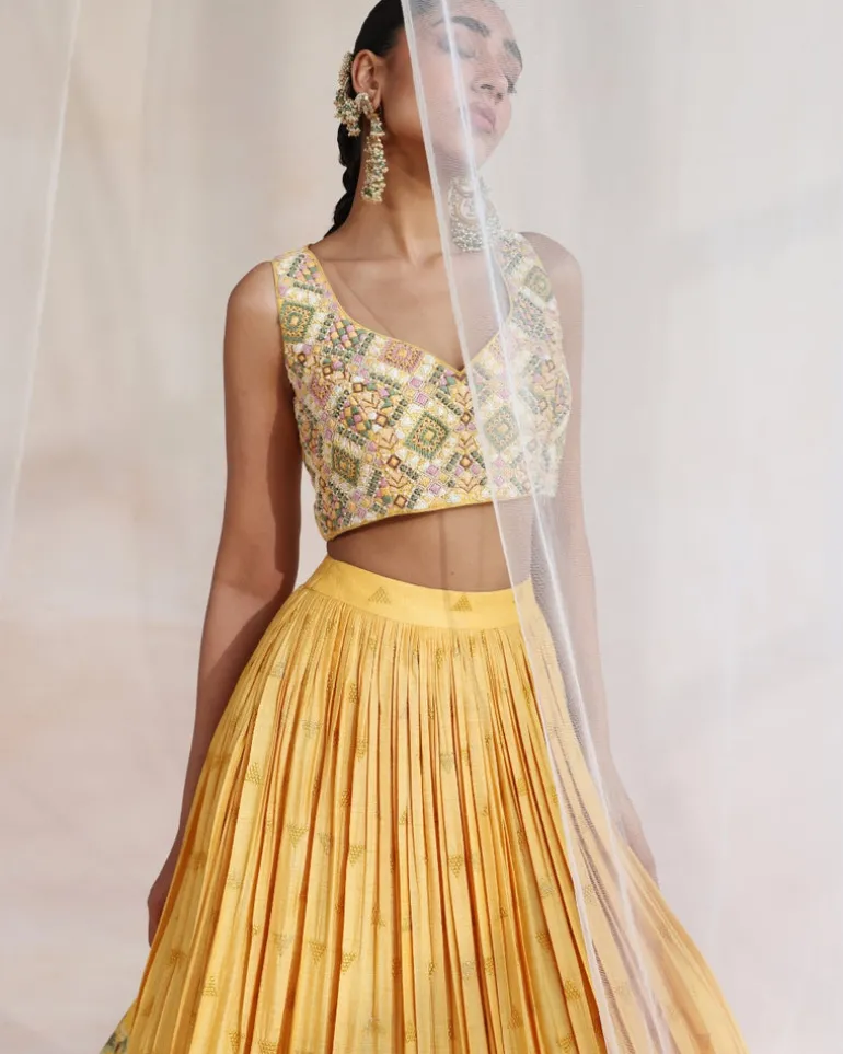 Mustard Embroidered Lehenga With Printed Dupatta Set