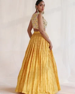 Mustard Embroidered Lehenga With Printed Dupatta Set