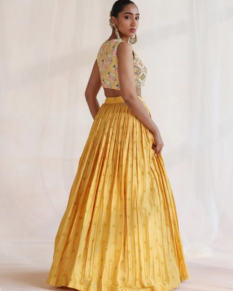 Mustard Embroidered Lehenga With Printed Dupatta Set
