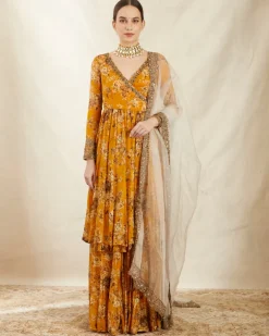 Mustard Georgette Floral Angrakha Set