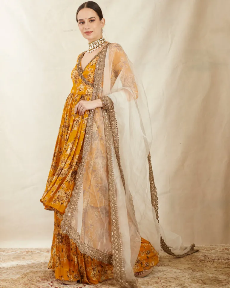 Mustard Georgette Floral Angrakha Set