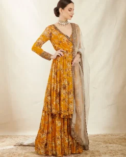 Mustard Georgette Floral Angrakha Set