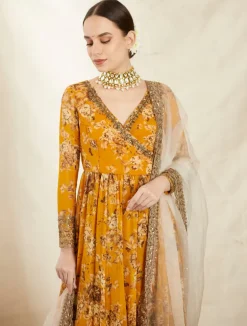 Mustard Georgette Floral Angrakha Set