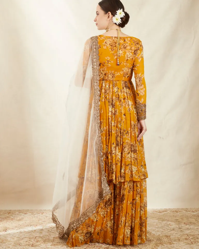 Mustard Georgette Floral Angrakha Set