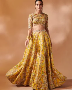 Mustard Lehenga Set With Elbow Length Sleeves